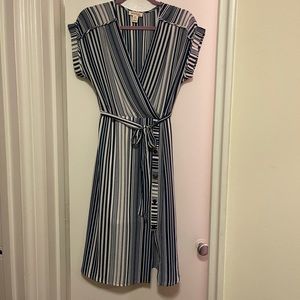 Blue and white striped midi dress, size L